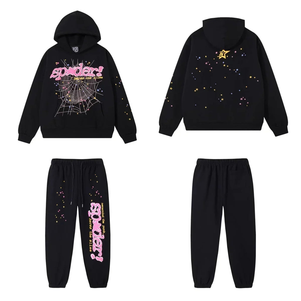 SP5DER Web Graphic Pullover Hoodie and Sweatpants Matching Set - Black / Pink